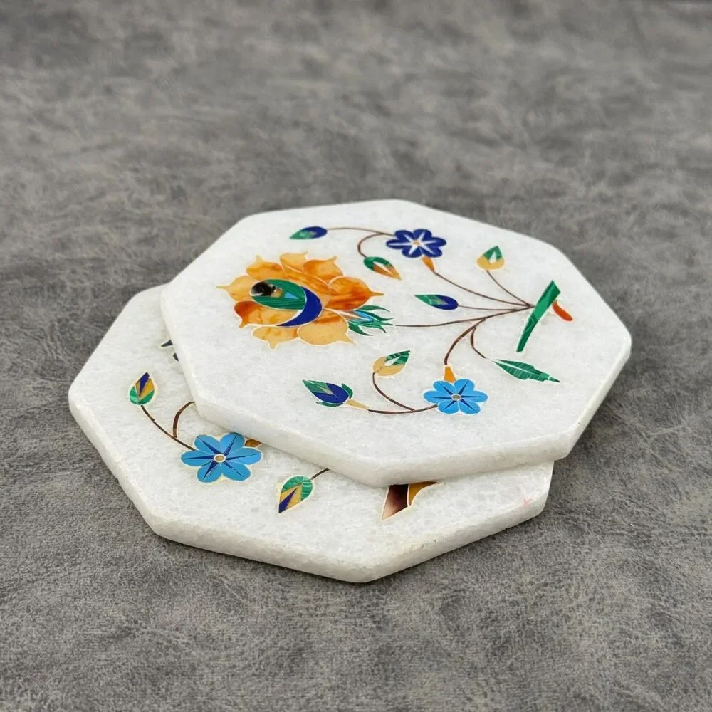 TWO (2) Handmade White Stone Tiles Coasters Inlaid Lapis Pietradura Floral 4